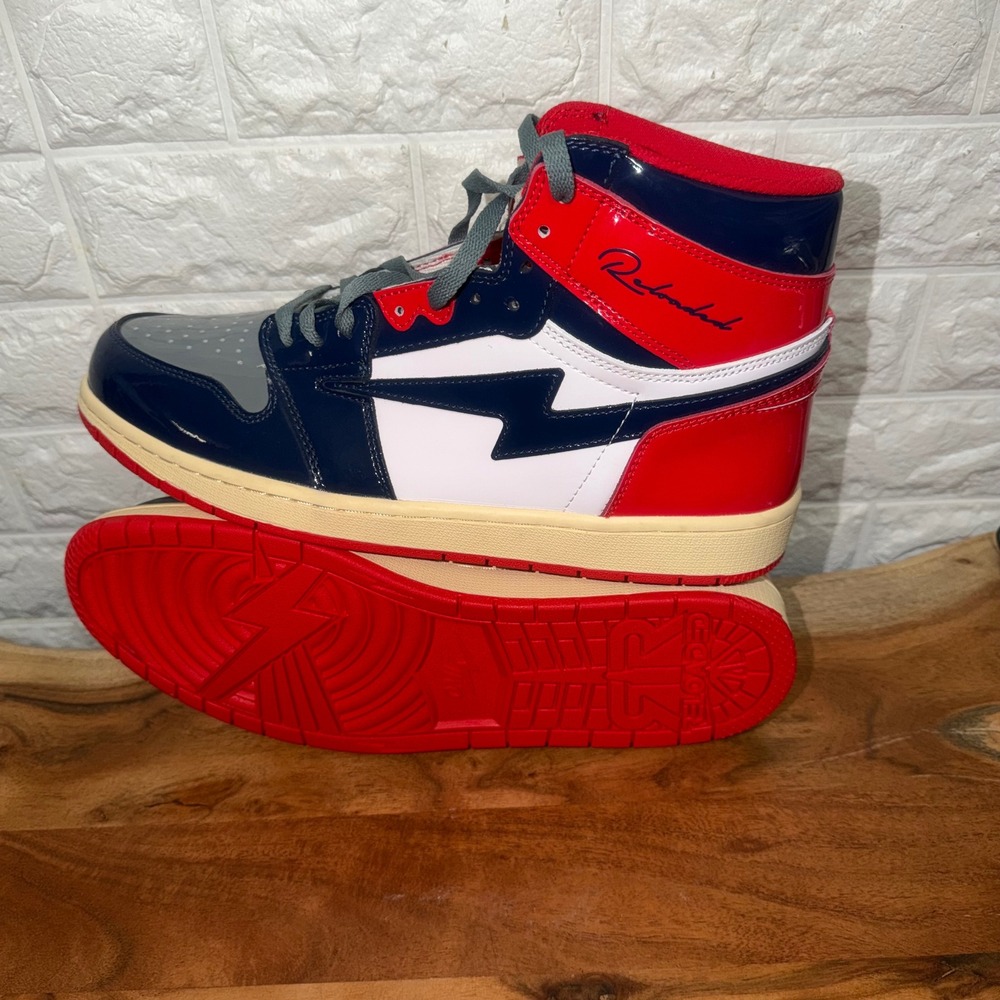 OMI Reloaded Patent Leather High Top Sneakers Navy Red Grey Mens Size 13 - Picture 6 of 9